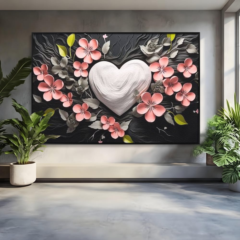 Tablou canvas cu tablou canvas cu inima alba si flori roz, in rama de aluminiu negru